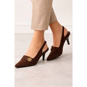 Apostrophe Brown Suede Slingback Heels Pointed Toe Button 7.5M